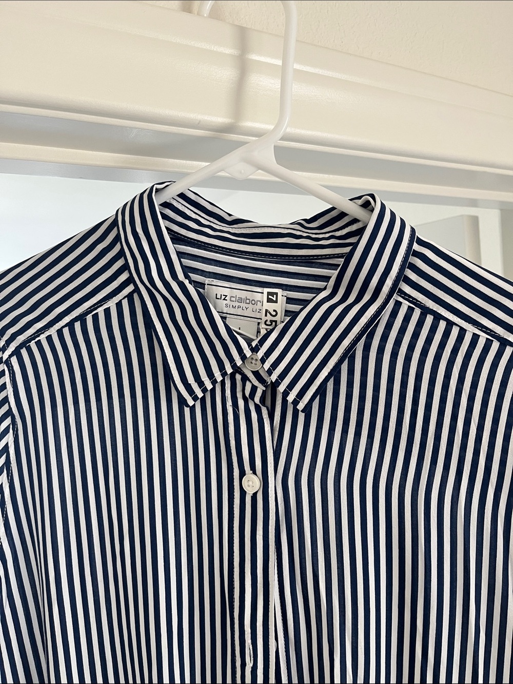 Liz Claiborne Navy and White Vertical Stripe Button-Down Shirt